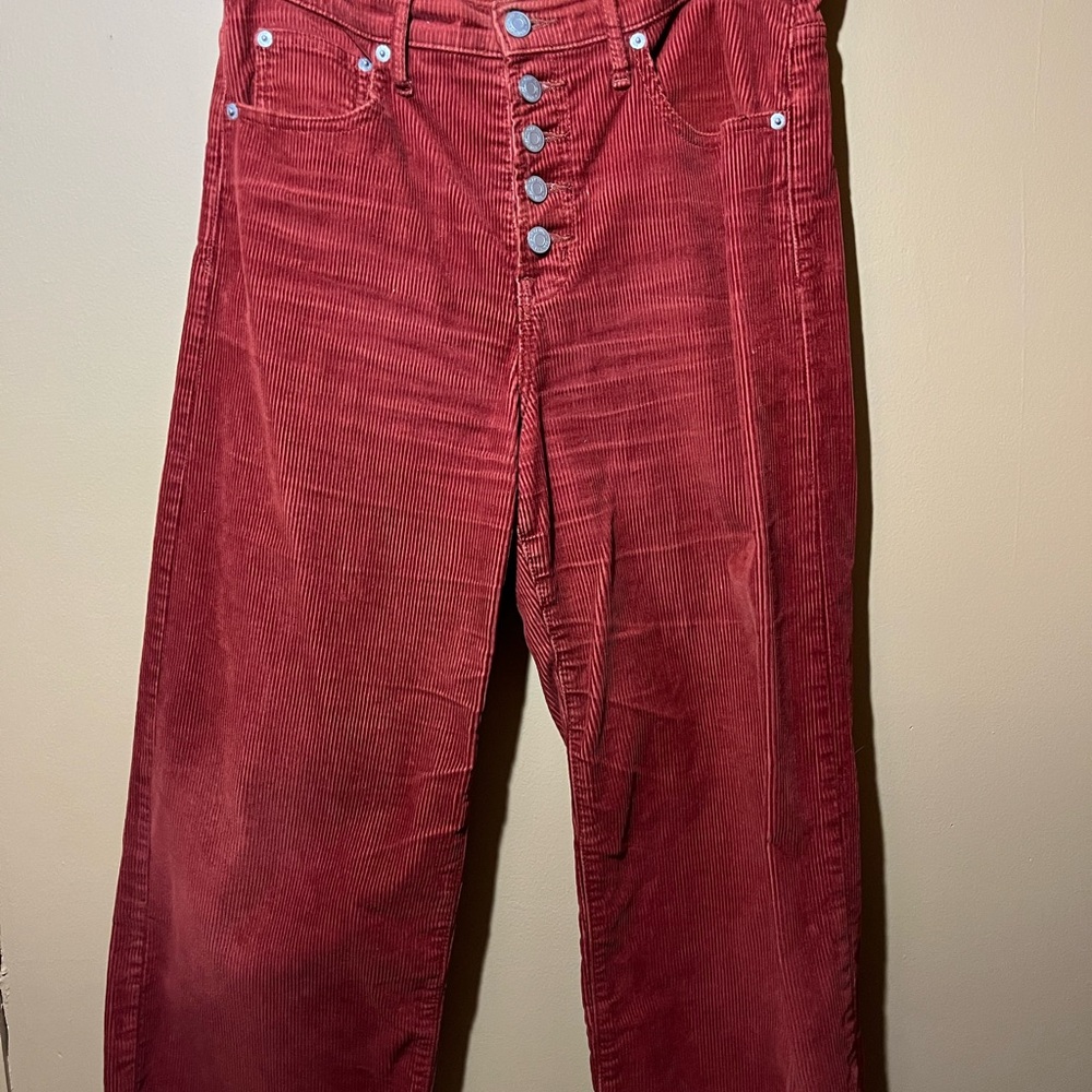 Red Corduroy Wide Leg High Rise Button-Fly Pants